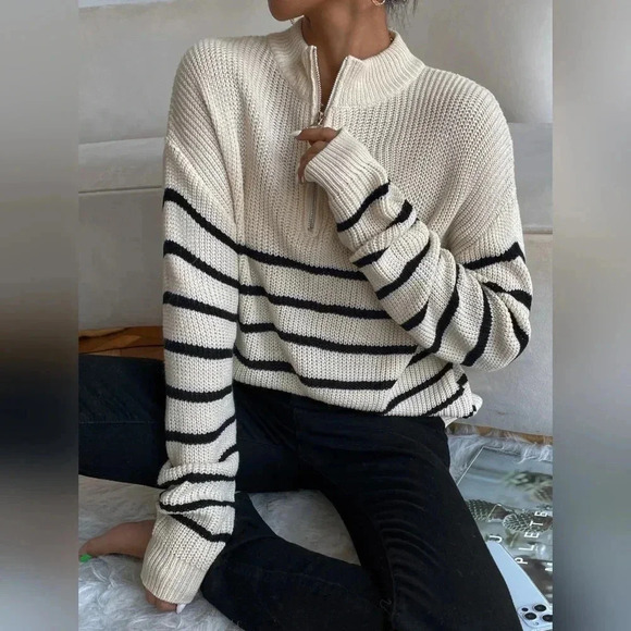 Striped Drop Shoulder Zipper Front Sweater - Picture 2 of 6